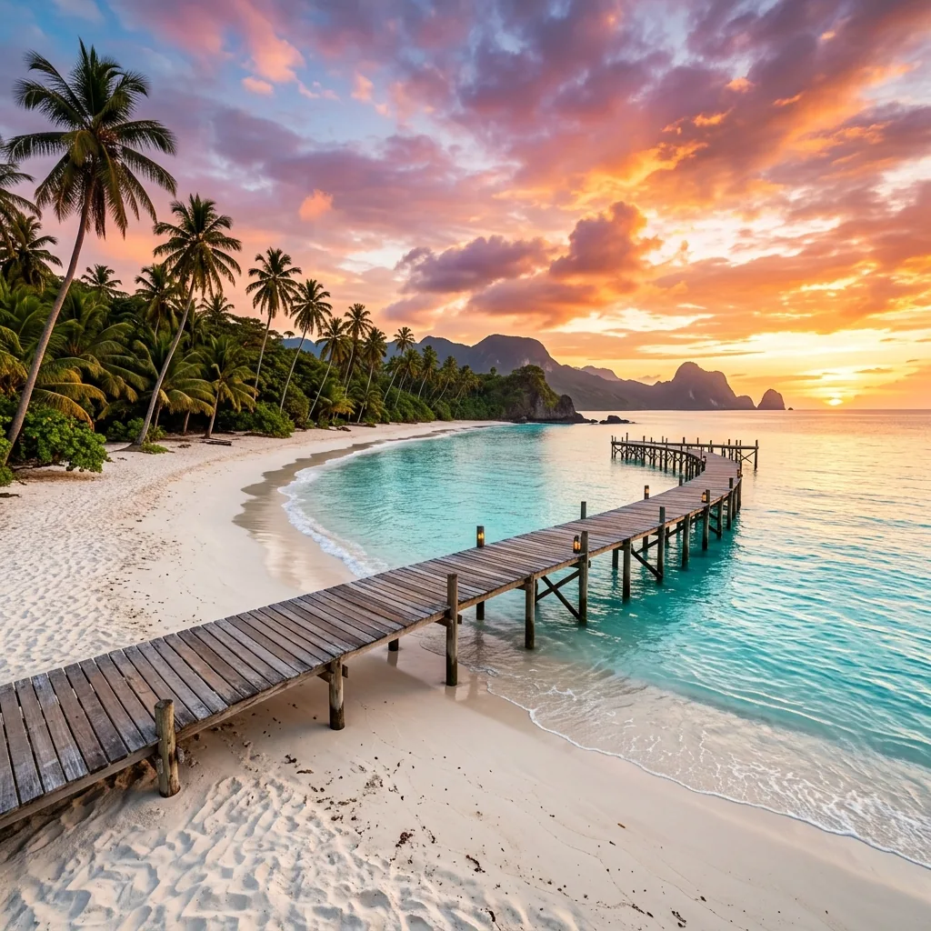 Imagem de capa do Modo Viagem: paisagem de praia tropical ao entardecer